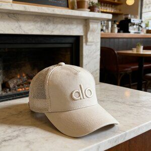 Alo Yoga Beige Embroidered Mesh Trucker Hat